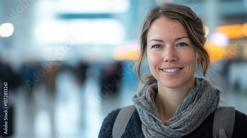 Smiling Young Woman at Airport Terminal with a Warm Scarf