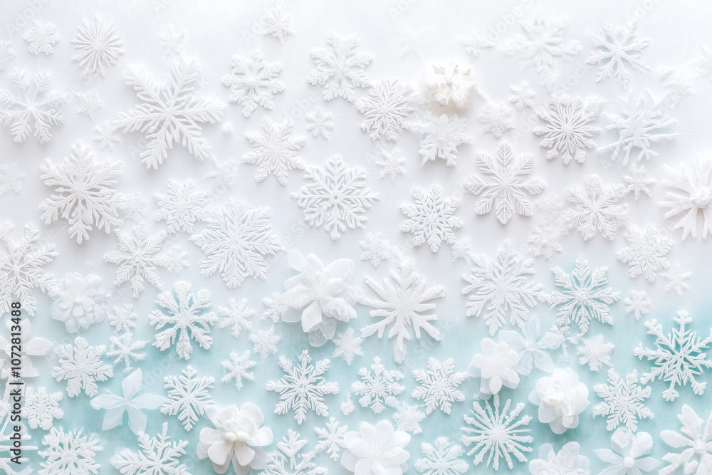 beautiful arrangement of white snowflakes and floral shapes on light background, creating serene winter atmosphere. Perfect for seasonal designs beautiful arrangement of white snowflakes and floral shapes on light background, creating serene winter atmosphere. Perfect for seasonal designs