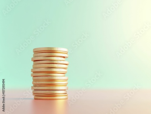 Gold coins piled high, gentle gradient backdrop, vibrant 3D rendering.