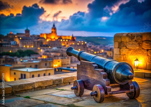 Scenic View from Citadel Ruins in Rabat, Gozo, Malta with Bokeh Effect Featuring an Old Cannon Barrel on Fortification Walls - April 18, 2023