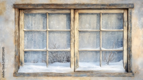 A Weathered Wooden Window with Snow Covered Sill