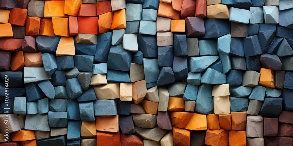 Abstract mosaic of geometric shapes in shades of blue, orange, and gray Abstract mosaic of geometric shapes in shades of blue, orange, and gray