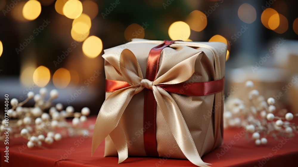 A Beautifully Wrapped Gift with a Red Ribbon and Soft Gold Bow on a Rustic Table A Beautifully Wrapped Gift with a Red Ribbon and Soft Gold Bow on a Rustic Table