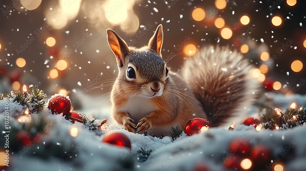 Fototapeta premium Squirrel enjoys a festive winter wonderland with christmas ornaments