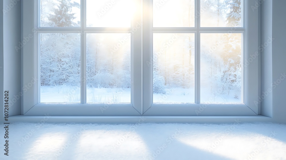 Window View of a Snowy Winter Forest with Sunbeams Shining Through the Glass Window View of a Snowy Winter Forest with Sunbeams Shining Through the Glass