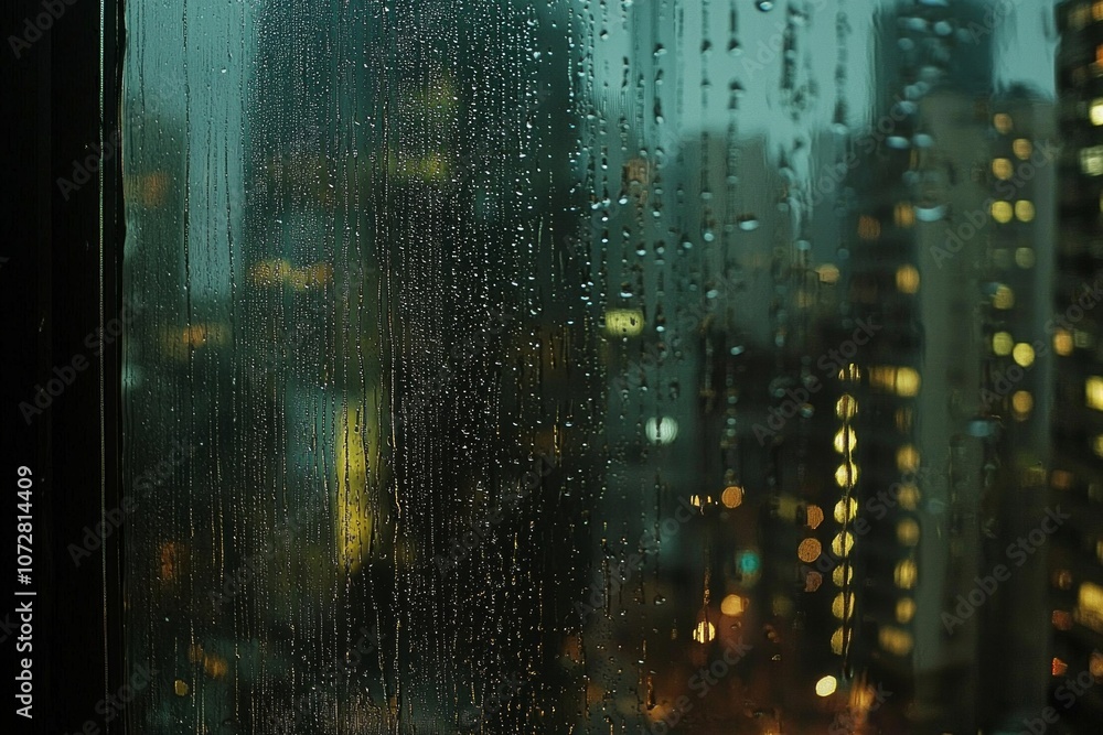 A close-up of a window with raindrops trickling down the glass, the blurred outline of city buildings visible in the background. A close-up of a window with raindrops trickling down the glass, the blurred outline of city buildings visible in the background.