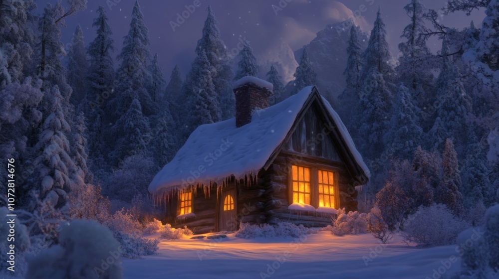 A Cozy Cabin Nestled in a Snowy Forest at Twilight A Cozy Cabin Nestled in a Snowy Forest at Twilight