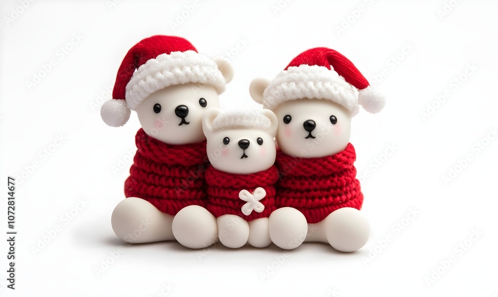Cute Christmas bear friends polymer clay winter brooch on white background Cute Christmas bear friends polymer clay winter brooch on white background