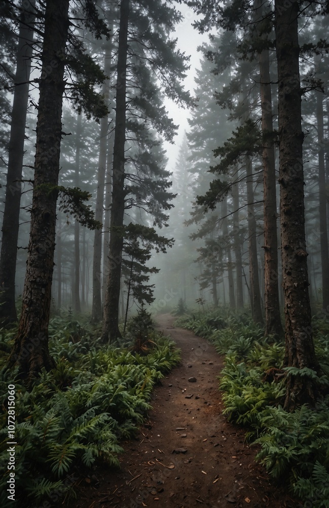footpath in the woods with fog around footpath in the woods with fog around