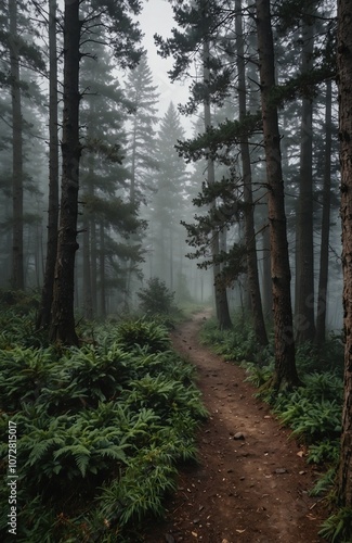 footpath in the woods with fog around