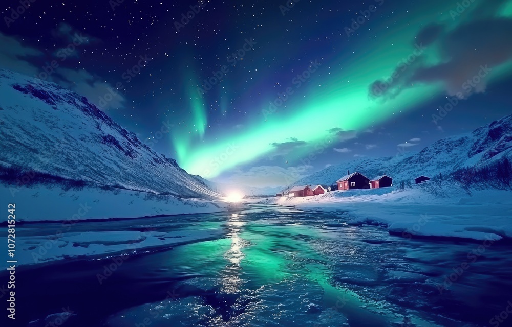 A breathtaking view of the Northern Lights over Reine, Norway, with mountains and houses in the foreground. A breathtaking view of the Northern Lights over Reine, Norway, with mountains and houses in the foreground.