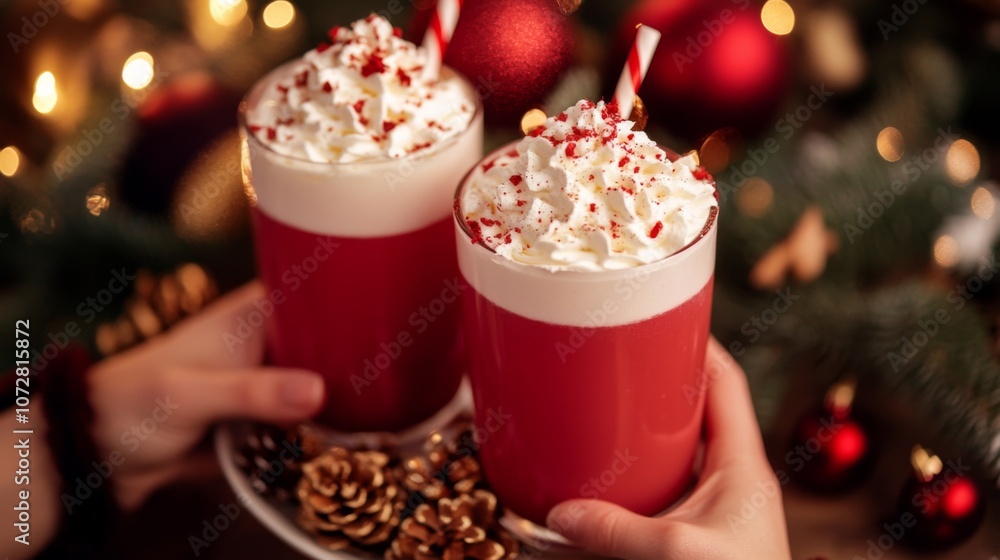Two Red Velvet Hot Chocolate Drinks with Whipped Cream and Sprinkles Two Red Velvet Hot Chocolate Drinks with Whipped Cream and Sprinkles