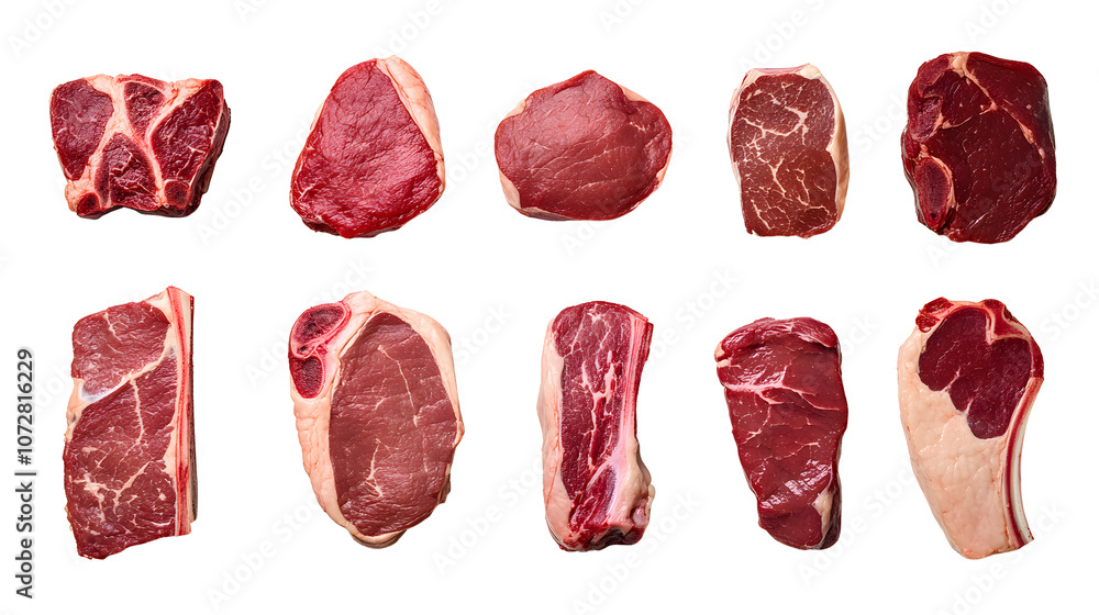 Set of different raw steaks, top view, isolated Set of different raw steaks, top view, isolated