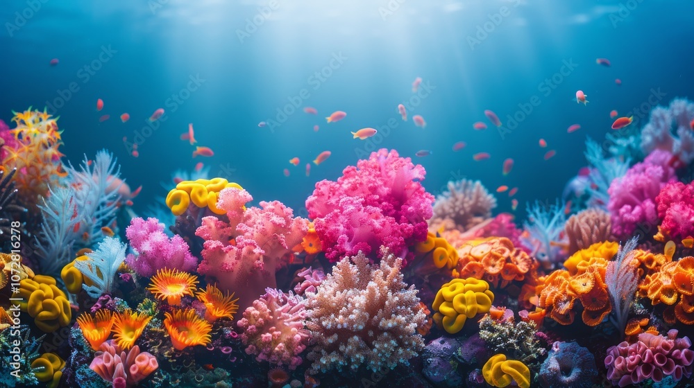 Obraz premium Vibrant coral reef teeming with life under a sunbeam.