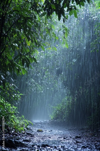 Wallpaper Mural A foggy forest with rain creating tiny streams on the ground, dappled light filtering through the canopy, illuminating the rain drops  Torontodigital.ca