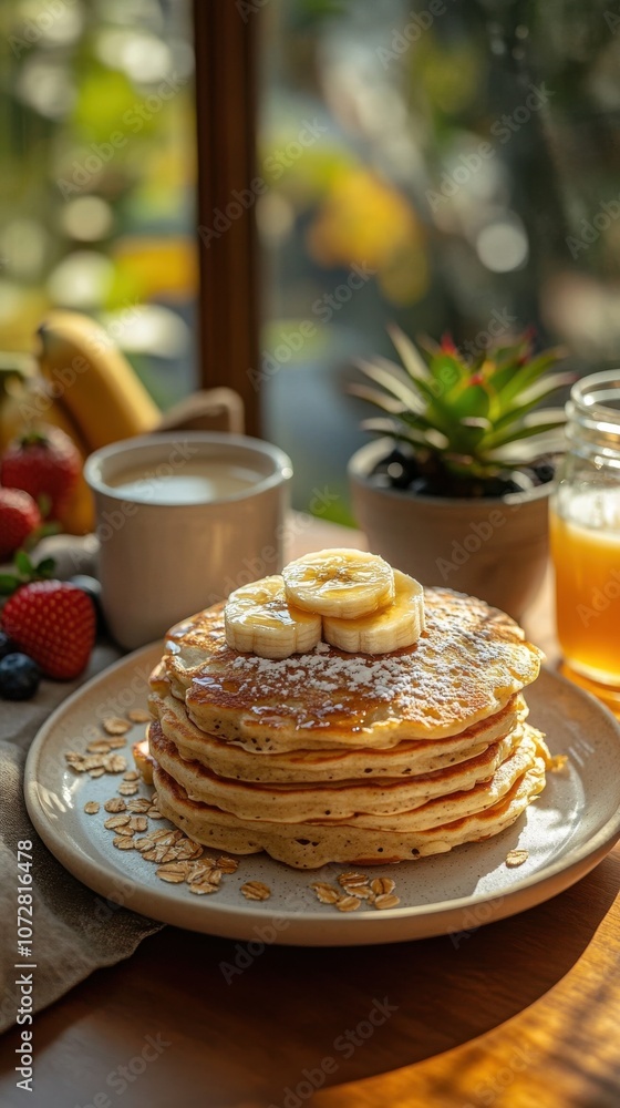 A stack of fluffy oatmeal pancakes topped with banana slices, fresh berries, and drizzled with syrup, served with a glass of creamy oat milk. A stack of fluffy oatmeal pancakes topped with banana slices, fresh berries, and drizzled with syrup, served with a glass of creamy oat milk.