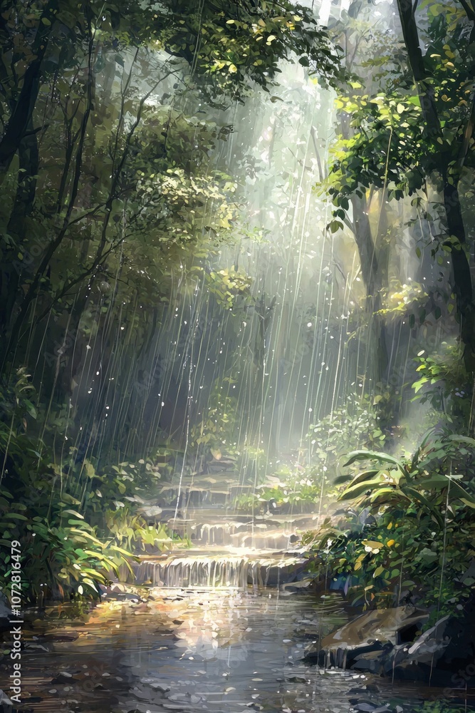 Fototapeta premium A foggy forest with rain creating tiny streams on the ground, dappled light filtering through the canopy, illuminating the rain drops 