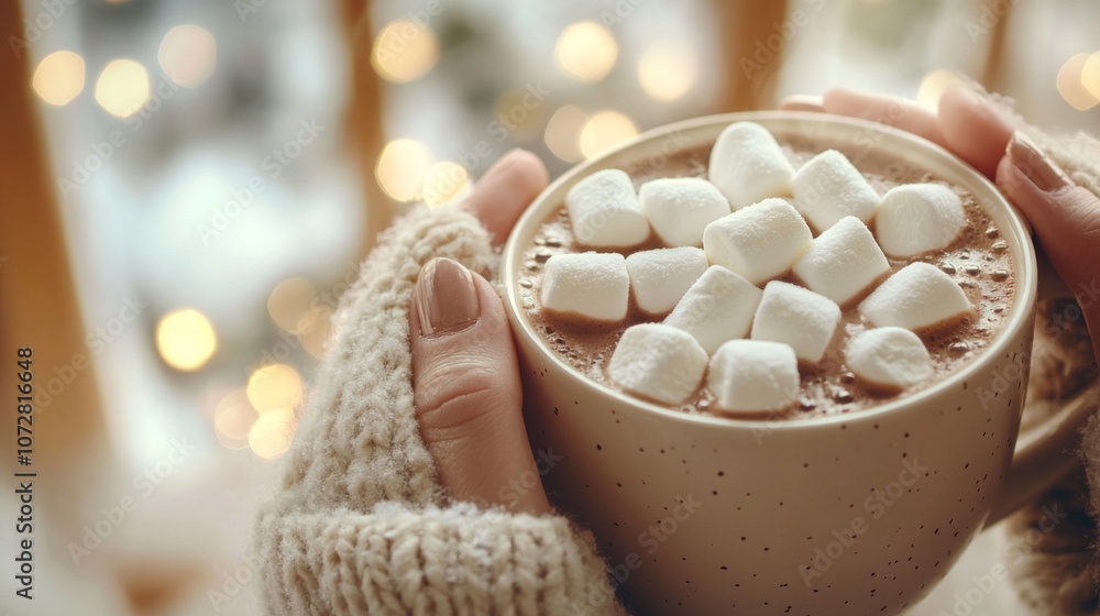 Hands Holding a Mug of Hot Chocolate Topped with Marshmallows Hands Holding a Mug of Hot Chocolate Topped with Marshmallows