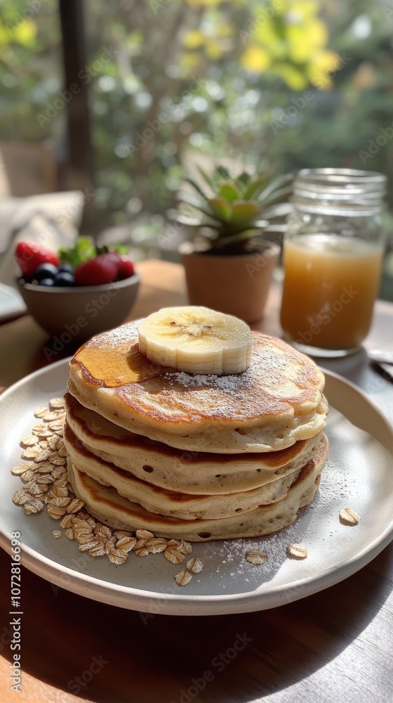 A stack of fluffy oatmeal pancakes topped with banana slices, fresh berries, and drizzled with syrup, served with a glass of creamy oat milk. A stack of fluffy oatmeal pancakes topped with banana slices, fresh berries, and drizzled with syrup, served with a glass of creamy oat milk.