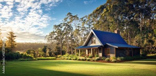 A small two-story, light blue and white color-themed bungalow house with large windows is located on the green grass of the Australian countryside