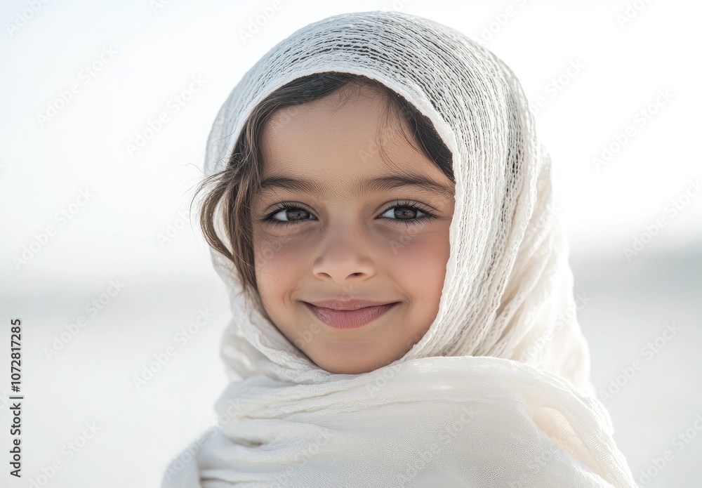 an Emirati child smiling in traditional white , with a desert background, white sky an Emirati child smiling in traditional white , with a desert background, white sky