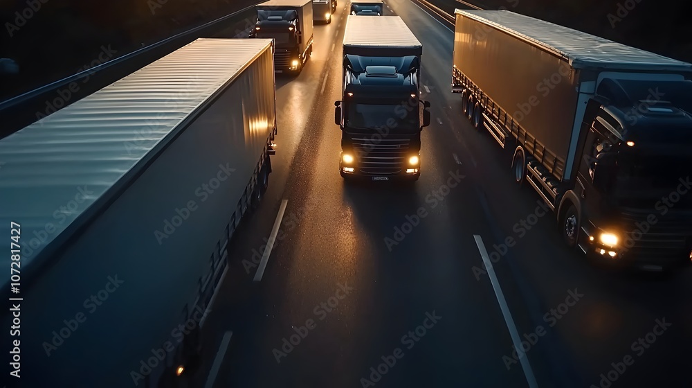 Dynamic Aerial View of Trucks Unloading at a Busy Logistics Center - Captivating Drone Perspective Showcasing Transportation and Warehouse Interconnectivity Dynamic Aerial View of Trucks Unloading at a Busy Logistics Center - Captivating Drone Perspective Showcasing Transportation and Warehouse Interconnectivity