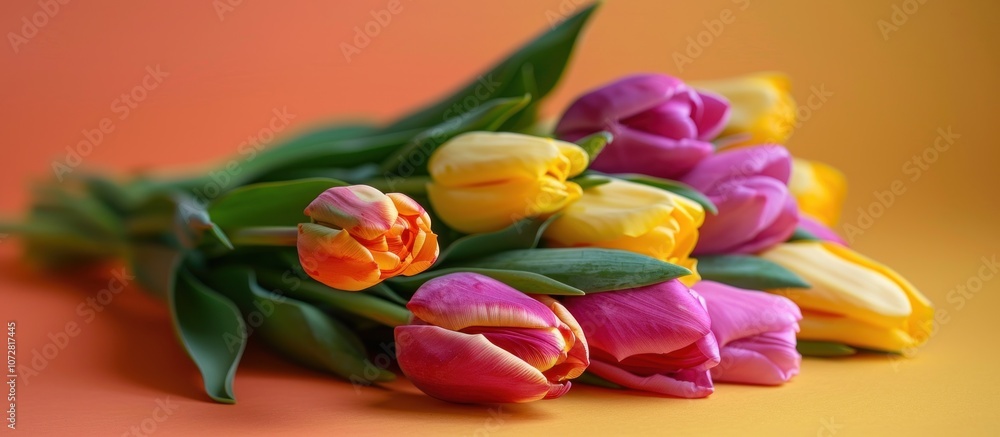 Close-up of a bouquet of colorful tulips on an orange background. Close-up of a bouquet of colorful tulips on an orange background.