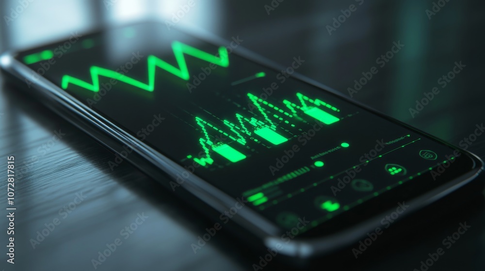 Close-up of a smartphone showing a successful investment app with green arrows Close-up of a smartphone showing a successful investment app with green arrows