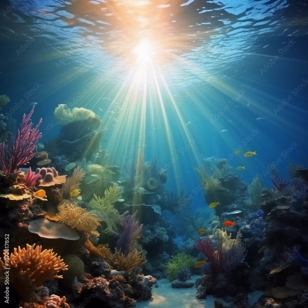Obraz premium A vibrant underwater scene with coral reefs and sunlight filtering through the water.
