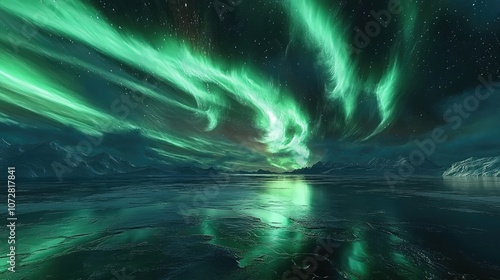 Wallpaper Mural Bright green auroras swirling over a frozen lake, with reflections shimmering on the icy surface under starlight. Torontodigital.ca