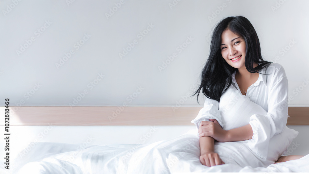 Beautiful young pretty Asian woman wake up and make happy smile with white shirt at the white bed in the morning. Beautiful young pretty Asian woman wake up and make happy smile with white shirt at the white bed in the morning.
