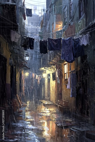 A narrow alley at twilight with clotheslines strung between buildings, rain softly falling and puddles forming under the dim streetlights photo