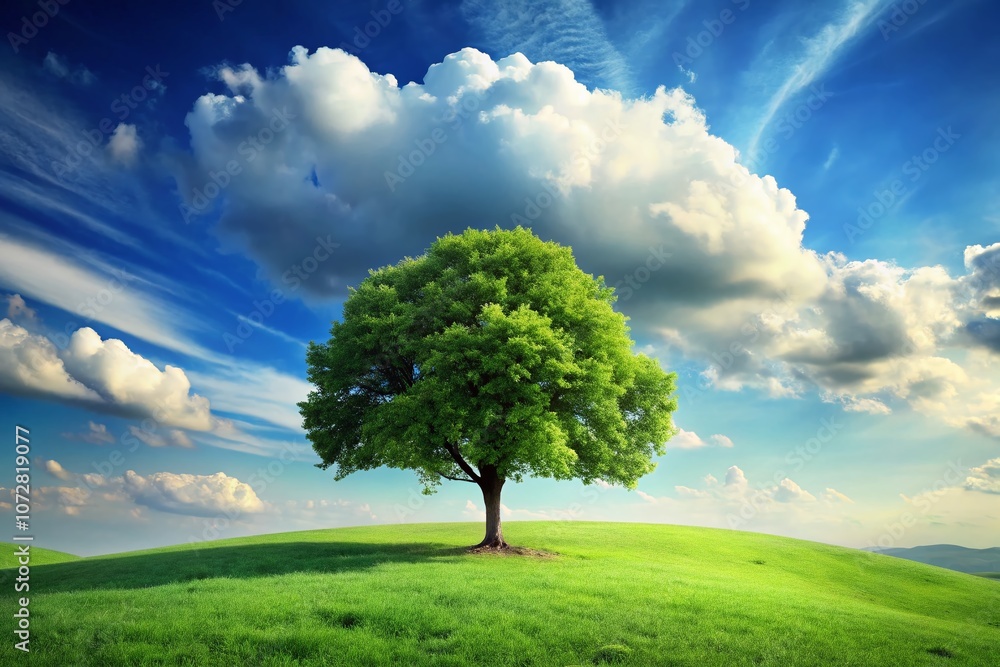 Fototapeta premium Serene Landscape with a Single Tree at Right Position, Ideal for Nature and Outdoor Themes, Featuring a Clear Sky and Lush Greenery with Ample Copy Space for Text Insertion