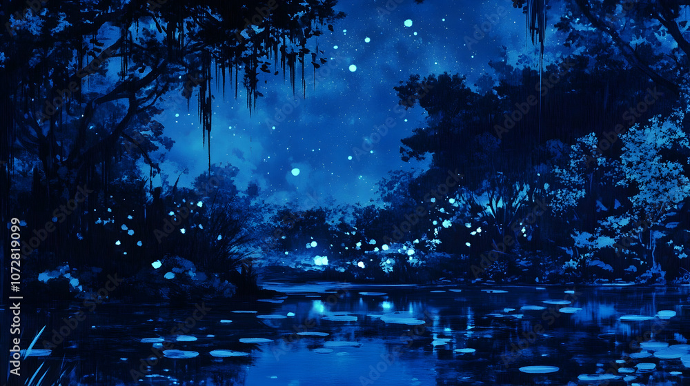 Fototapeta premium A serene night scene of a forest lake illuminated by moonlight and fireflies.