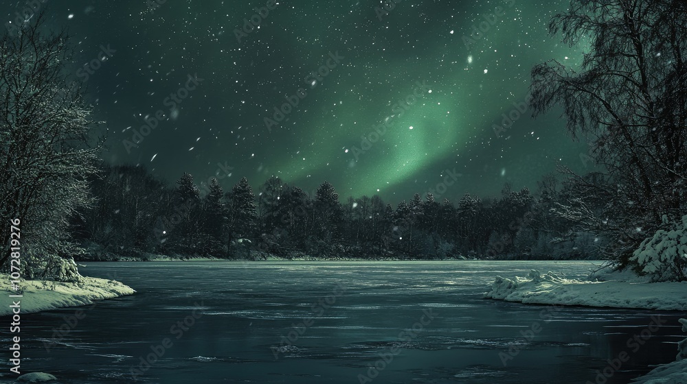 Green auroras in the night sky above a frozen lake, with snow-covered trees on the lakes edge. Green auroras in the night sky above a frozen lake, with snow-covered trees on the lakes edge.
