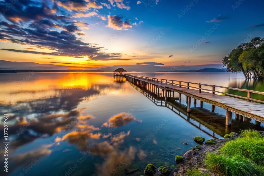 Fototapeta premium Serene Low Light Photography of Jetty at Lake Langano, Ethiopia with Reflections on Water at Twilight, Capturing Tranquility and Nature's Beauty in a Stunning Landscape Setting