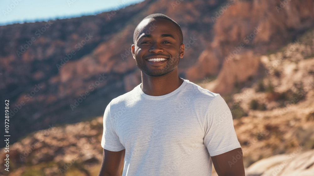 Smiling African American man outdoors with mountain view Smiling African American man outdoors with mountain view