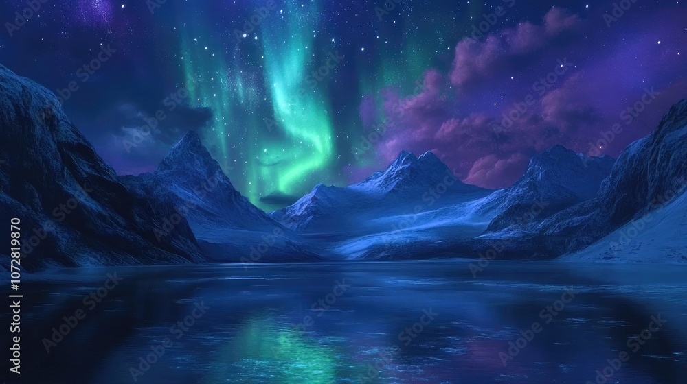 custom made wallpaper toronto digitalNorthern Lights in green and violet stretching across the sky above a tranquil fjord, with reflections on calm waters.