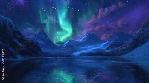 Wallpaper Mural Northern Lights in green and violet stretching across the sky above a tranquil fjord, with reflections on calm waters. Torontodigital.ca