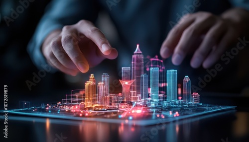 Fototapeta Naklejka Na Ścianę i Meble -  A futuristic model city with glowing buildings and holographic features.