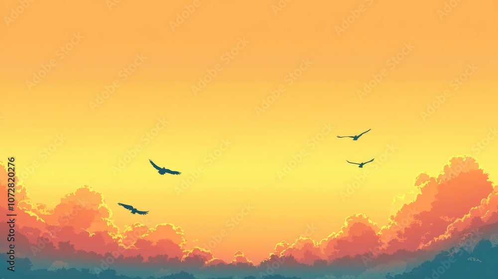 Scenic sunset sky with a soft gradient from yellow to orange, with silhouetted birds flying across. Scenic sunset sky with a soft gradient from yellow to orange, with silhouetted birds flying across.