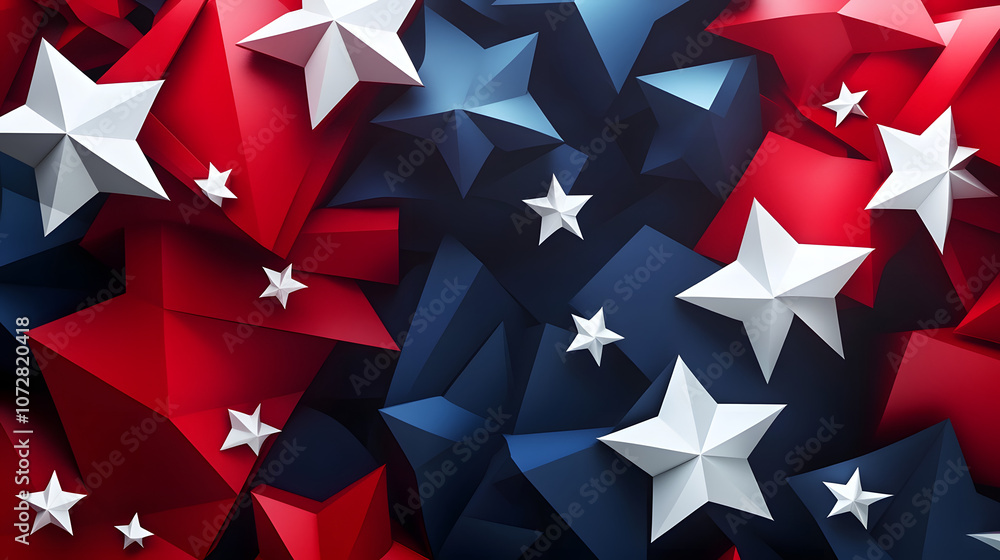 Abstract red and blue geometric shapes with white star motifs and artistic design. Abstract red and blue geometric shapes with white star motifs and artistic design.
