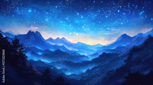 Twilight sky with deep blue tones and the first stars beginning to appear, casting a calming effect.