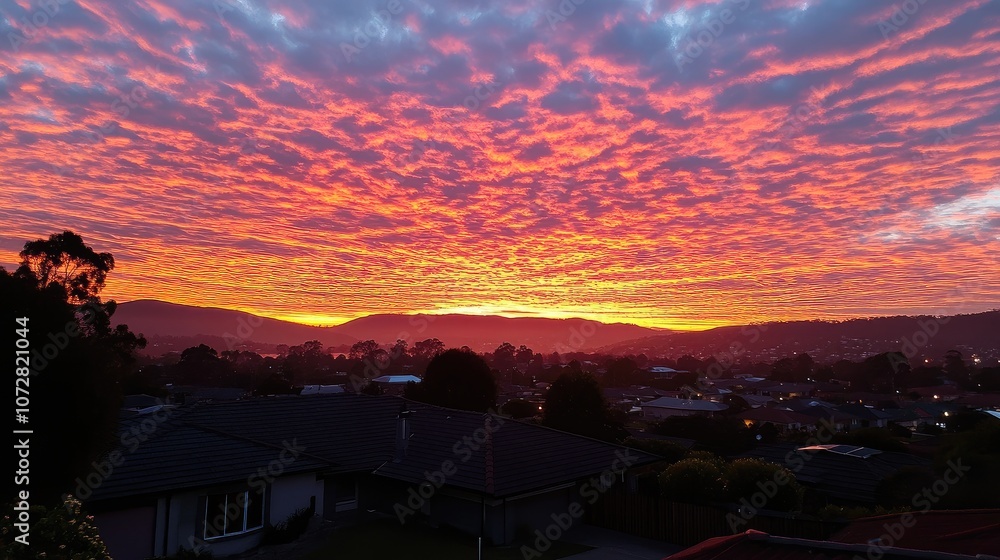 Fototapeta premium Vibrant sky at dawn with shades of orange and pink illuminating thin clouds, creating a magical start.