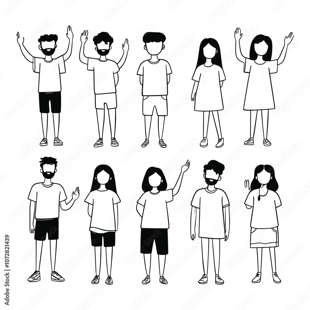 Diverse Group of People Standing Together Line Art Diverse Group of People Standing Together Line Art