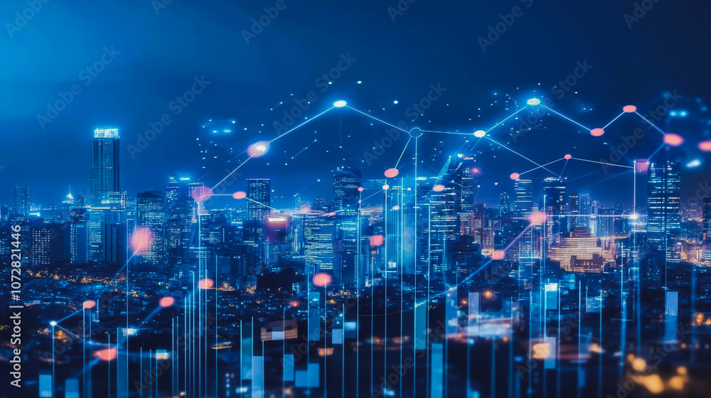 custom made wallpaper toronto digitalSmart digital Innovation Business skyscrapers in the Financial District with connection network reciprocity over the cityscape. of future smart wireless digital city and social media networking