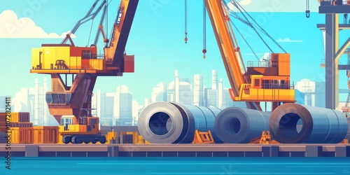 Wallpaper Mural Stylized Vector Illustration of Industrial Shipping Port with Cranes and Cargo Torontodigital.ca