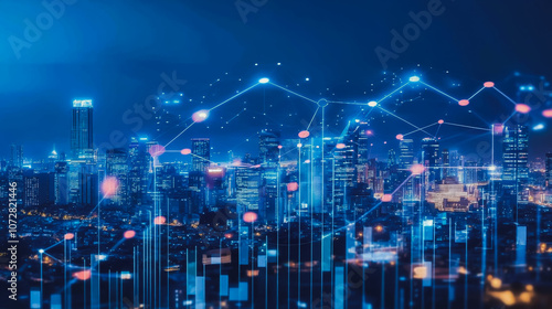 Wallpaper Mural Smart digital Innovation Business skyscrapers in the Financial District with connection network reciprocity over the cityscape. of future smart wireless digital city and social media networking Torontodigital.ca