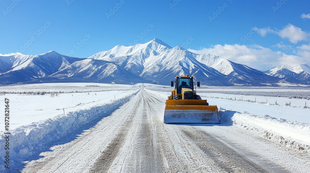 Yellow Snow Plow on a Snowy Road with Mountain Backdrop Yellow Snow Plow on a Snowy Road with Mountain Backdrop