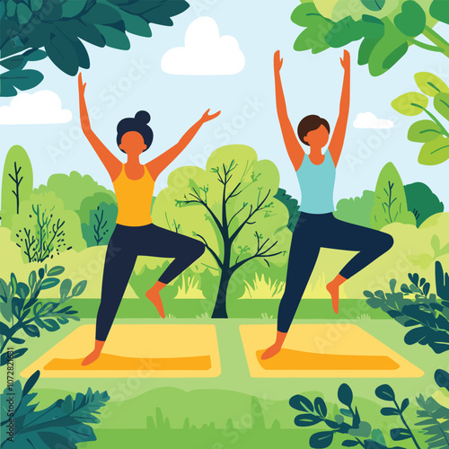 Couple Practicing Yoga Outdoors in Park